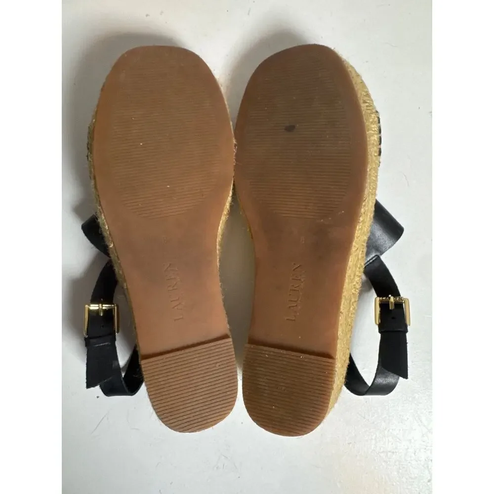 Lauren Ralph Lauren Black Espadrille Wedge Sandals 100% Leather Bena Womens 8